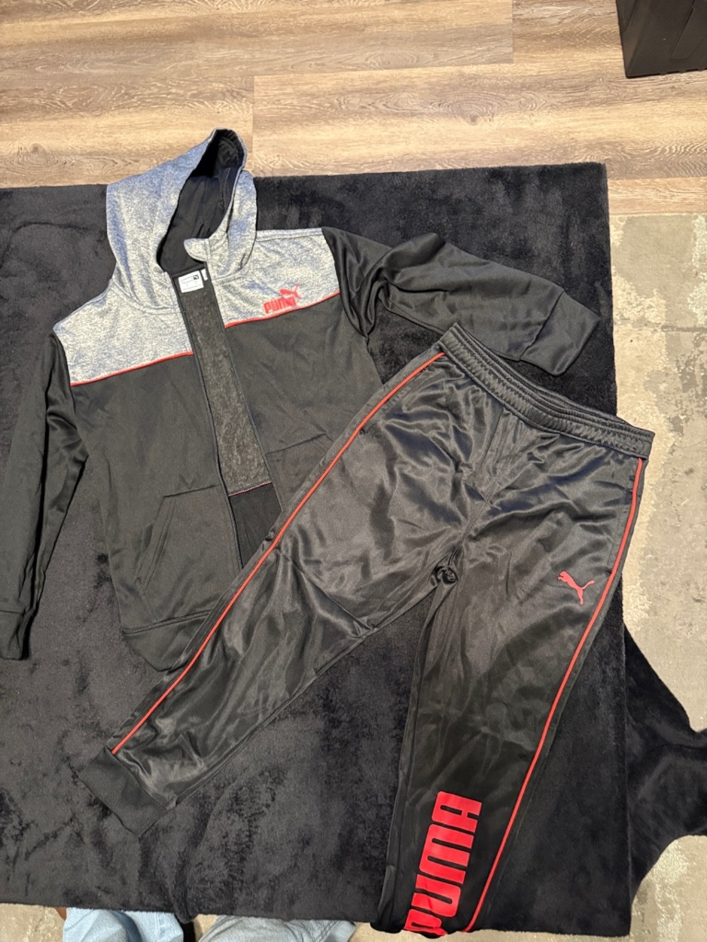 Puma Black & Gray Zip Hoodie with Black Track Pants and Red Accents